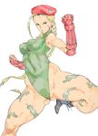  1girl belt blonde_hair braid breasts cammy_white capcom female fingerless_gloves gloves hat kicking kneeling kyura_(kyura9een) legs leotard lips long_hair military_uniform open_mouth simple_background solo street_fighter twin_braids uniform white_background 