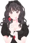  bad_id bad_pixiv_id black_hair breasts brown_eyes cleavage collarbone eating expressionless food fork fruit hair_ribbon hairband hands heart heart-shaped_pupils jewelry large_breasts long_hair messy original puffy_sleeves ribbon ring shizuko_(chipccchip) short_sleeves simple_background solo strawberry symbol-shaped_pupils wavy_hair white_background 