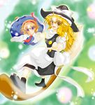  alice_margatroid apron ascot bad_id bad_pixiv_id blonde_hair blue_eyes blush braid broom broom_riding capelet chi-chi couple flying hairband hat holding_hands kirisame_marisa long_hair multiple_girls open_mouth short_hair side_braid smile touhou waist_apron witch_hat yellow_eyes yuri 