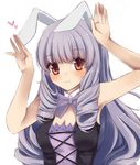  :3 animal_ears armpits bangs blush bow bowtie breasts bunny_ears bunny_pose chuchu_(show_by_rock!!) cleavage closed_mouth cross-laced_clothes drill_hair eyebrows eyebrows_visible_through_hair hands_up heart lace lavender_hair long_hair looking_at_viewer medium_breasts nikitan_(niki) purple_bow purple_neckwear red_eyes show_by_rock!! sidelocks simple_background sleeveless smile solo spoken_heart upper_body very_long_hair white_background 