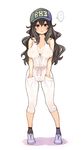  1girl baseball_cap black_eyes black_hair breasts cameltoe cleavage end_breaker! full_body grey_legwear hands_in_pockets hat large_breasts long_hair looking_at_viewer naked_overalls overalls ryoji_(nomura_ryouji) shoes socks solo standing white_background 