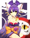  a-iueo animal_ears bare_shoulders breasts cat_ears cat_tail cleavage daru_dayu highres japanese_clothes kimono kiseru large_breasts multicolored_hair nail_polish pipe purple_hair short_hair show_by_rock!! slit_pupils solo tail yellow_eyes yuujo 