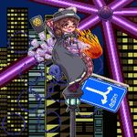 :d brown_eyes brown_hair cape card clothes_writing fire glasses hat hat_ribbon kisasage_kouta laser lowres occult_ball open_mouth pixel_art ribbon road_sign shirt short_hair sign skull smile solo touhou usami_sumireko vest 