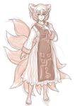  barefoot dress fox_tail full_body highres kuro_suto_sukii limited_palette long_sleeves monochrome multiple_tails sepia simple_background solo tabard tail touhou white_background wide_sleeves yakumo_ran 