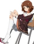  brown_hair feet hibike!_euphonium looking_at_viewer nel-c oumae_kumiko school_uniform shoes shoes_removed sitting smell socks soles sweat uwabaki white_legwear 