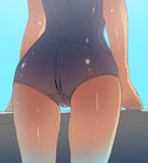  absurdres ass bare_arms barikiosu highres lower_body one-piece_swimsuit original palms school_swimsuit solo standing swimsuit water water_drop wet 