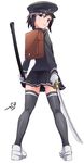  akitsu_maru_(kantai_collection) akitsu_maru_(kantai_collection)_(cosplay) black_eyes black_hair cosplay idolmaster idolmaster_(classic) kantai_collection kikuchi_makoto saber_(weapon) shift_(waage) short_hair solo sword thighhighs visor_cap weapon 