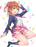  :d bad_id bad_pixiv_id bell blazer blue_eyes blush brown_hair collared_shirt confetti cosplay dsmile hair_bell hair_ornament jacket jumping kousaka_honoka long_sleeves look-alike looking_at_viewer love_live! love_live!_school_idol_project necktie one_side_up open_mouth pink_skirt plaid plaid_skirt salute school_uniform shirt short_hair skirt smile solo white_shirt yahari_ore_no_seishun_lovecome_wa_machigatteiru. yuigahama_yui yuigahama_yui_(cosplay) 