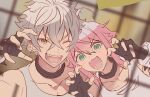  2boys ahoge black_choker black_gloves blurry blurry_background blush choker ensemble_stars! fang fingerless_gloves gloves green_eyes grey_hair grey_tank_top himemiya_tori looking_at_viewer male_focus medium_hair multiple_boys official_alternate_costume ogami_koga one_eye_closed open_mouth paw_pose pink_hair rice_(rice8p) short_hair smile tank_top white_tank_top white_wrist_cuffs wrist_cuffs yellow_eyes 