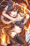  animal_ears barefoot black_hair breasts cleavage dual_wielding erune fang granblue_fantasy highres holding long_hair medium_breasts miotama red_eyes solo sword thighhighs weapon yuel_(granblue_fantasy) 