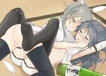  @_@ after_kiss alcohol armpits arms_up ass black_hair black_legwear blouse blue_eyes blush bottle breasts crazy_eyes detached_sleeves drunk grey_hair kantai_collection katsuragi_(kantai_collection) long_hair looking_at_another lying_on_person multiple_girls open_blouse open_clothes open_mouth ponytail pussy sake sake_bottle saliva saliva_trail small_breasts spread_legs tatami thighhighs thighs tongue tongue_out undressing yagyuu_katsuda yellow_eyes yuri zuikaku_(kantai_collection) 