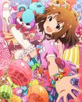  blue_eyes bracelet brown_hair candy_hair_ornament cookie_hair_ornament crown dress food food_themed_hair_ornament frilled_legwear hair_ornament idolmaster idolmaster_million_live! jewelry looking_at_viewer official_art short_hair smile suou_momoko sweets thighhighs 