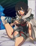  1girl black_hair cape censored feet foot_licking higana_(pokemon) kanriken licking looking_at_viewer mosaic_censoring pokemon pokemon_(game) pokemon_oras pussy sandals smell solo sweat toes tongue 