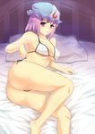  ass bed bikini black_cat_ronaldinho blush breasts covered_nipples hat large_breasts legs looking_at_viewer lying mob_cap on_side purple_eyes purple_hair saigyouji_yuyuko seductive_smile side-tie_bikini smile smirk solo swimsuit thighs touhou triangular_headpiece untying 