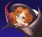  bad_id bad_pixiv_id brown_eyes brown_hair cape clothes_writing glasses hat hat_ribbon highres ribbon short_hair smile solo touhou usami_sumireko yusake_san 