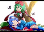  blue_hair bow bug butterfly bwell front_ponytail green_eyes green_hair hair_bobbles hair_bow hair_ornament hat hat_removed headwear_removed insect kagiyama_hina kawashiro_nitori lap_pillow long_sleeves lying multiple_girls on_side petting puffy_short_sleeves puffy_sleeves shirt short_sleeves sitting skirt sleeping smile touhou tree two_side_up 