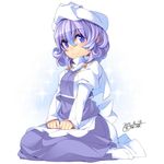  blue_eyes hat highres kokka_han letty_whiterock looking_at_viewer purple_hair short_hair sitting smile solo touhou 