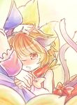  :&lt; animal_ears brown_eyes brown_hair cat_ears cat_tail chen fox_tail hand_on_another's_head ibaraki_natou jewelry long_sleeves multiple_girls multiple_tails nekomata short_hair single_earring tabard tail tears touhou two_tails yakumo_ran 