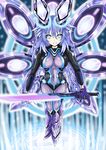 absurdres blue_eyes bodysuit breasts cleavage covered_nipples highres honke_ganso large_breasts long_hair looking_at_viewer navel neptune_(series) next_purple purple_eyes purple_hair purple_heart see-through shin_jigen_game_neptune_vii smile solo sword weapon 