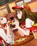  :t artist_request brick_oven brown_eyes brown_hair cheese_trail cup drinking_glass drinking_straw dutch_angle employee_uniform fast_food_uniform feeding food holding_pizza ice ice_cube idolmaster idolmaster_million_live! indoors jpeg_artifacts light_smile long_hair miyao_miya multiple_girls official_art oven pizza pizza_cutter pizza_delivery profile slice_of_pizza source_request table tenkuubashi_tomoka uniform visor_cap 