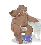  2018 anthro belly boar brown_fur bulge clothed clothing dubudubudubudub fur humanoid_hands male mammal moobs navel nipples open_shirt overweight overweight_male pants porcine shirt sitting solo sweat underwear 