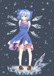  absurdres black_cat_ronaldinho blue_eyes blue_hair bow breasts cirno collared_shirt dress frown hair_bow hair_ribbon highres ice ice_wings kneehighs large_bow loafers looking_at_viewer medium_breasts ribbon shirt shoes snowflakes socks solo touhou wings 