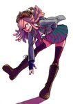  bent_over black_gloves black_legwear boku_no_hero_academia boots brown_footwear cross-laced_footwear crosshair fingerless_gloves full_body gloves goggles goggles_on_head green_skirt hatsume_mei highres lace-up_boots leg_up long_hair long_sleeves necktie open_mouth pink_hair pleated_skirt school_uniform simple_background skirt solo symbol-shaped_pupils thighhighs u.a._school_uniform white_background yellow_eyes yuu_(nicovideo) 
