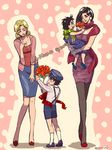  2girls black_hair blonde_hair bouquet child child_carry flower hat jojo_no_kimyou_na_bouken joseph_joestar_(young) kuujou_holly kuujou_joutarou lisa_lisa mother_and_son multiple_boys multiple_girls pantyhose scarf shorts yuriko2755 