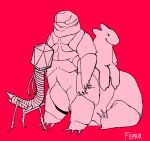 3_toes 4_arms 4_legs ambiguous_gender anthro bacteriophage_(organism) faceless feet group hand_on_another&#039;s_head hi_res insect_legs micro_organism_(organism) mouth_closed multi_arm multi_limb odetoscavengers pink_background restricted_palette signature simple_background sitting_on_another tail_spines tardigrade thick_neck toes trio yeast_(organism)