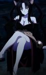  1girl black_hair breasts cleavage high_school_dxd kuroka large_breasts long_hair night sitting smile stitched yellow_eyes 