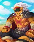  1boy banchou banchouleomon bandai belt blue_eyes buckle chains claws digimon furry gakuran hat leomon lion male_focus monster muscle no_humans pants scar school_uniform silver_hair sitting sky tail 