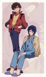  2boys aqua_eyes between_legs blue_eyes blue_hair blue_shirt blue_shoes blue_slippers border brown_hair closed_mouth collared_shirt expressionless film_grain full_body gundam gundam_zz hair_between_eyes hand_between_legs hand_on_own_knee hands_in_pockets highres holding_hands invisible_chair jacket judau_ashta kamille_bidan male_focus multiple_boys multiple_views open_clothes open_collar open_jacket outline red_jacket red_socks scene_reference shirt short_hair sitting socks standing watermark white_border white_outline wing_collar yellow_shirt yoshio_296 