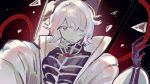  1girl akasasachii black_undershirt blue_eyes breasts broken_glass closed_mouth coat e.g.o_(project_moon) faust_(project_moon) glass hair_over_one_eye highres large_breasts light_particles limbus_company looking_at_viewer project_moon rope short_hair skeleton_print solo thoracalgia_(e.g.o) upper_body white_coat white_hair 