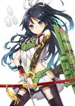  armor black_hair blue_eyes bow_(weapon) hair_ribbon highres kantai_collection katsuragi_(kantai_collection) long_hair md5_mismatch midriff moriki ponytail remodel_(kantai_collection) ribbon smile solo weapon 