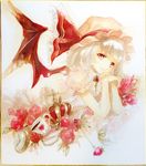  acrylic_paint_(medium) arm_support bad_id bad_pixiv_id bat_wings brooch chain crown cup flower food fork fruit hands_together hat hat_ribbon head_rest jewelry keiko_(mitakarawa) looking_at_viewer lying mob_cap on_stomach pocket_watch puffy_short_sleeves puffy_sleeves red_eyes red_flower red_rose remilia_scarlet ribbon rose saucer shikishi short_hair short_sleeves silver_hair skirt skirt_set smile solo spoon strawberry teacup teaspoon touhou traditional_media watch watercolor_(medium) white_background wings 