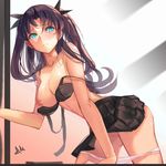  black_hair blue_eyes blush bra breasts fate/stay_night fate_(series) hair_ribbon highres i.a.m.genesic large_breasts long_hair navel nipples panties panty_pull ribbon skirt solo symbol-shaped_pupils toosaka_rin two_side_up underwear undressing 