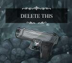 2019 2_horns ambiguous_gender biped black_body black_eyes delet_this digital_media_(artwork) english_text eyebrows gun handgun hollow_knight horn meme pistol ranged_weapon snapinator solo team_cherry text text_box the_knight_(hollow_knight) vessel_(species) weapon white_head white_text