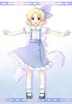  ahoge alice_margatroid alice_margatroid_(pc-98) ankle_socks bad_id bad_pixiv_id blonde_hair ellipsis_(mitei) frilled_skirt frills full_body gradient gradient_background hair_ribbon highres mary_janes open_mouth outstretched_arms puffy_short_sleeves puffy_sleeves ribbon shadow shoes short_hair short_sleeves simple_background skirt solo spread_arms suspenders touhou touhou_(pc-98) yellow_eyes 