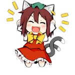 :d ^_^ animal_ears arms_up brown_hair cat_ears cat_tail chen closed_eyes facing_viewer fang green_hat hat jewelry kuroneko_(kuroi-neko) long_sleeves multiple_tails nekomata open_mouth short_hair simple_background single_earring smile solo tail touhou two_tails white_background 
