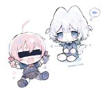  2girls :3 ahoge animal_ears barefoot black_blindfold black_dress black_ribbon black_shoes black_skirt black_socks black_sweater blindfold blue_eyes bow bowtie cat_ears cat_girl cat_tail chibi chibi_only closed_mouth collared_dress commentary_request cotono_(nazekun) dress drooling fish hair_ribbon image_in_thought_bubble long_sleeves medium_hair multiple_girls neck_ribbon open_mouth original pleated_skirt red_bow red_bowtie red_ribbon ribbon short_eyebrows short_twintails simple_background skirt smile socks sweater tail twintails v-shaped_eyebrows white_background white_hair 