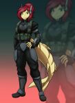 2016 anthro big_breasts boots bottomwear breasts bulletproof_vest cartilaginous_fish chondrichthyes clothed clothing cybernetic_implant cybernetics digital_drawing_(artwork) digital_media_(artwork) fan_character female female_anthro fingerless_gloves fish footwear fully_clothed fully_clothed_anthro fully_clothed_female gloves gradient_background green_eyes hair hand_on_hip handwear hi_res looking_at_viewer machine marine markings military_uniform neutral_pose non-mammal_breasts ponytail red_hair requiem_shark shark shoes shoulder_pads simple_background smile smiling_at_viewer solo standing striped_body striped_markings striped_tail stripes tactical tactical_belt tactical_gear tactical_gloves tactical_pants tail tail_markings tan_body tan_skin tiger_shark topwear tori_atlis toughset uniform