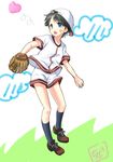  baseball_cap baseball_uniform black_hair chize hat kantai_collection mogami_(kantai_collection) open_mouth short_hair solo sportswear 