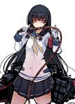  artist_name black_hair black_legwear gloves hair_ribbon isokaze_(kantai_collection) kantai_collection long_hair looking_at_viewer machinery pleated_skirt red_eyes ribbon school_uniform serafuku skirt smile solo sumisu_(mondo) tress_ribbon turret twitter_username weapon whip white_background white_gloves 