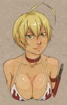  ahoge bikini_top blonde_hair breasts collar dark_skin green_eyes grin holster huge_ahoge knife large_breasts lips mito_ikumi nose shokugeki_no_souma short_hair smile solo upper_body whistle_frog 