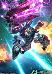  bandai battle char&#039;s_counterattack commentary_request energy energy_beam explosion exposed_internal_machinery gundam gundam_arsenal_base kenko_(a143016) logo machinery mecha mecha_focus mobile_suit no_humans nu_gundam nu_gundam_(rx-93ff) official_art realistic robot science_fiction space title v-fin 