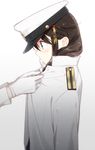  borrowed_garments braid brown_hair commentary gloves hair_ornament hair_over_shoulder hat kantai_collection military military_uniform naoto_(tulip) oversized_clothes peaked_cap remodel_(kantai_collection) shigure_(kantai_collection) simple_background single_braid solo_focus uniform white_background white_gloves 