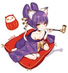  2d :3 animal_ears arm_support bad_id bad_twitter_id bangs bare_shoulders barefoot blunt_bangs blush body_blush breasts cat_ears cat_tail cleavage daru_dayu daruma_doll eyeshadow folded_ponytail from_above full_body hair_ornament hair_stick holding japanese_clothes kimono kiseru looking_at_viewer makeup off_shoulder oiran pillow pipe purple_hair sash shadow show_by_rock!! signature simple_background sitting sitting_on_pillow slit_pupils small_breasts smile solo tail wariza white_background yellow_eyes 