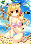  :d absurdres animal_ears arm_support beach bikini blonde_hair blue_sky blush bow bracelet breasts cleavage cloud collarbone day dutch_angle fisheye flower frilled_bikini frills front-tie_top fujima_takuya hair_bow highres jewelry kneeling large_breasts lens_flare long_hair looking_at_viewer navel open_mouth outdoors plumeria red_eyes sandals scan shiny shiny_skin side-tie_bikini skindentation sky smile solo striped striped_bikini swimsuit tail tiger_ears tiger_tail toranoana 