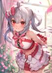  1girl ahoge alternate_costume bare_shoulders blush breasts cowboy_shot crop_top frills grey_hair hair_between_eyes highres inari_kei long_hair matoi_(pso2) medium_breasts navel phantasy_star phantasy_star_online_2 phantasy_star_online_2_new_genesis pink_petals red_eyes sleeveless smile solo stomach valentine very_long_hair 