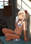  :d alternate_costume barefoot bikini blue_bikini blue_eyes blush bottle breasts cleavage clothes_hanger flower hair_flower hair_ornament kantai_collection long_hair navel one-piece_tan open_mouth ro-500_(kantai_collection) satsuki_neko sitting small_breasts smile soles swimsuit tan tanline towel water_bottle 